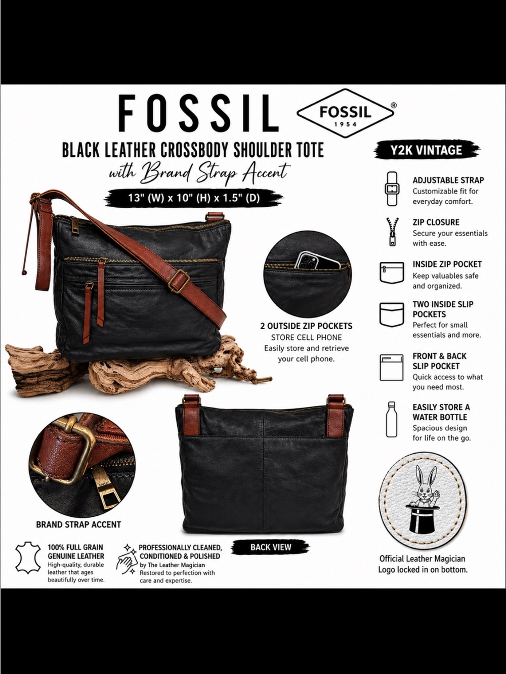 Fossil Black Leather Crossbody Bag Y2K Vintage Full Grain Leather Adj Strap